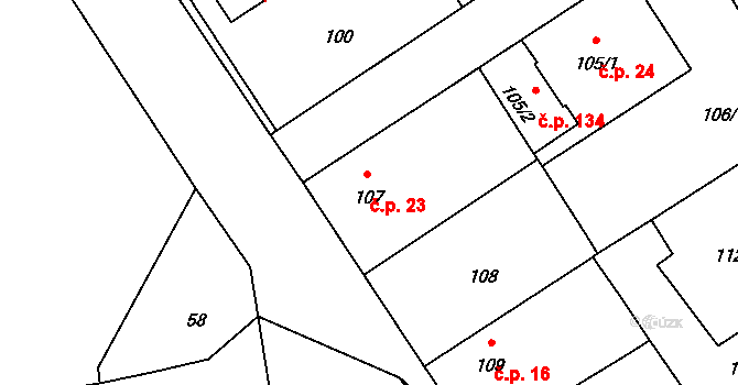 Sobín 23, Praha 1 na parcele st. 107 v KÚ Sobín, Katastrální mapa