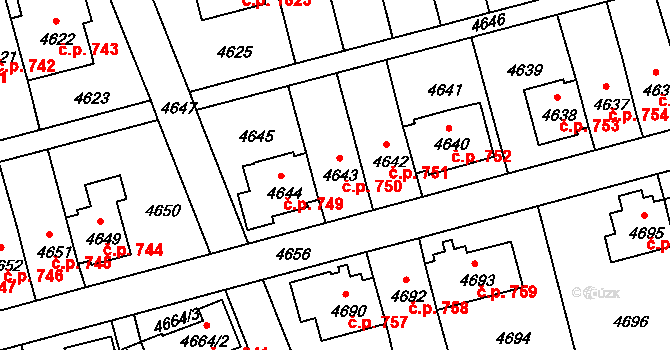 Záběhlice 750, Praha na parcele st. 4643 v KÚ Záběhlice, Katastrální mapa