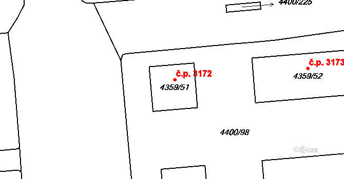 Modřany 3172, Praha na parcele st. 4359/51 v KÚ Modřany, Katastrální mapa