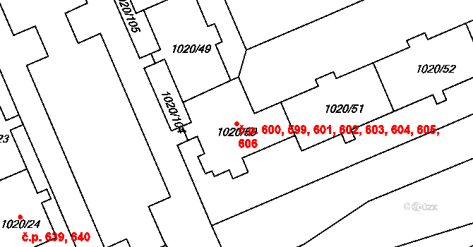 Hlubočepy 599,600,601,602,603,, Praha na parcele st. 1020/50 v KÚ Hlubočepy, Katastrální mapa