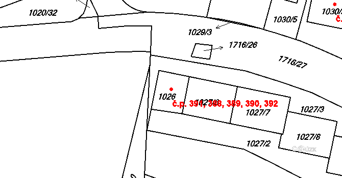 Troja 388,389,390,391,392, Praha na parcele st. 1027/7 v KÚ Troja, Katastrální mapa
