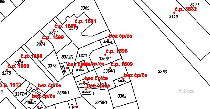 Chomutov 1598 na parcele st. 3368/1 v KÚ Chomutov I, Katastrální mapa