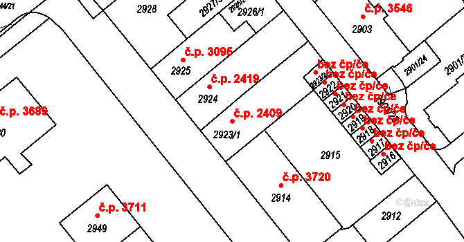 Chomutov 2409 na parcele st. 2923/1 v KÚ Chomutov II, Katastrální mapa