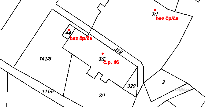 Víska 16, Březovice na parcele st. 3/2 v KÚ Víska u Březovic, Katastrální mapa