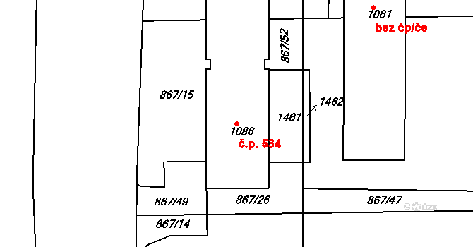 Poříčí 534, Trutnov na parcele st. 1086 v KÚ Poříčí u Trutnova, Katastrální mapa