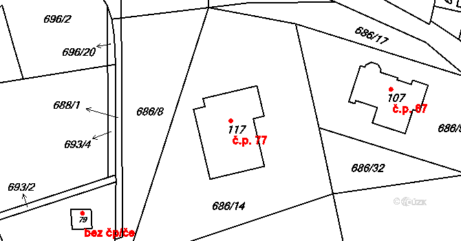 Skrýšov 77, Pelhřimov na parcele st. 117 v KÚ Skrýšov u Pelhřimova, Katastrální mapa