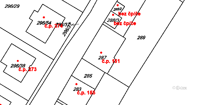Strupčice 151 na parcele st. 287 v KÚ Strupčice, Katastrální mapa
