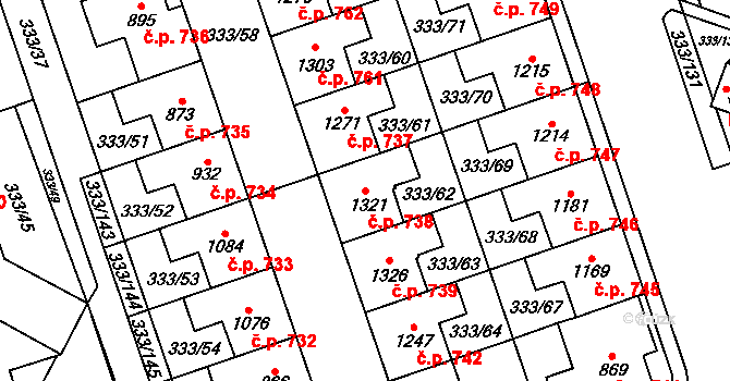 Přímětice 738, Znojmo na parcele st. 1321 v KÚ Přímětice, Katastrální mapa