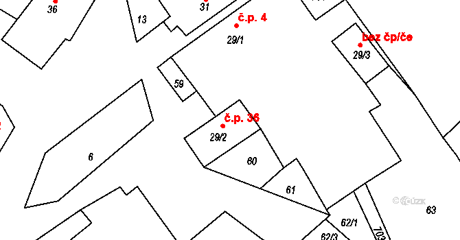 Hodíškov 36 na parcele st. 29/2 v KÚ Hodíškov, Katastrální mapa