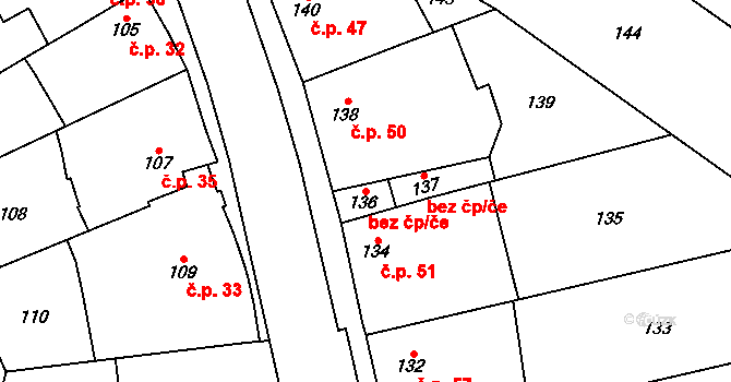 Křelov-Břuchotín 40863204 na parcele st. 136 v KÚ Břuchotín, Katastrální mapa
