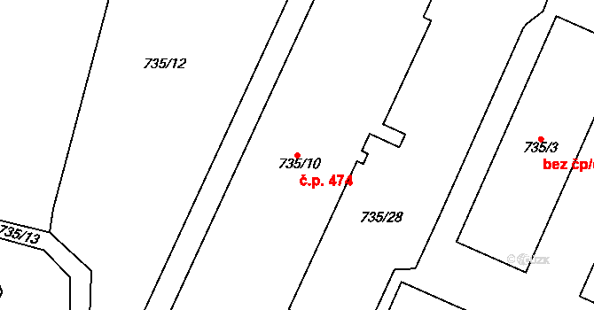 Řetenice 474, Teplice na parcele st. 735/10 v KÚ Teplice-Řetenice, Katastrální mapa