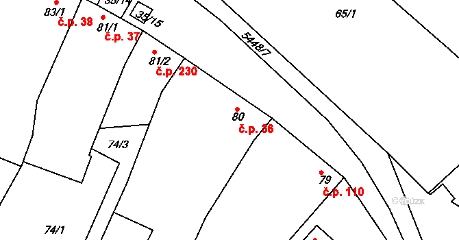 Pitín 36 na parcele st. 80 v KÚ Pitín, Katastrální mapa