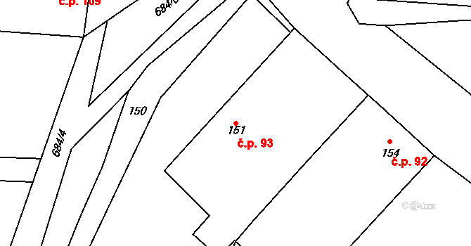 Havraň 93 na parcele st. 151 v KÚ Havraň, Katastrální mapa