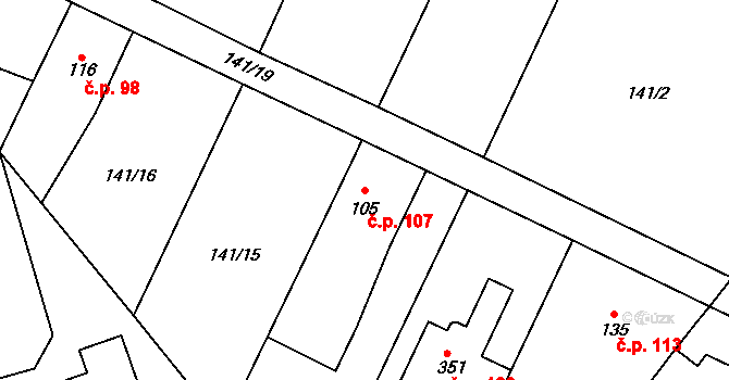 Černá za Bory 107, Pardubice na parcele st. 105 v KÚ Černá za Bory, Katastrální mapa
