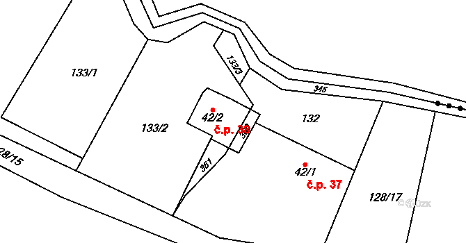 Miskolezy 38, Chvalkovice na parcele st. 42/2 v KÚ Miskolezy, Katastrální mapa