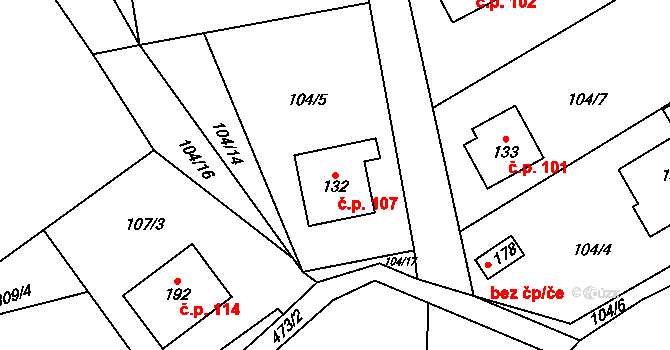 Kamenná 107 na parcele st. 132 v KÚ Kamenná, Katastrální mapa