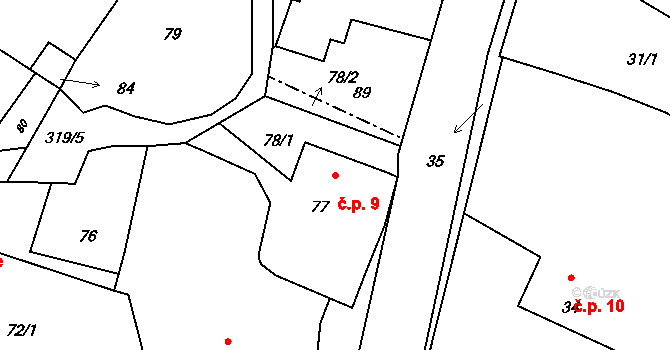 Jestřabí 9, Fulnek na parcele st. 77 v KÚ Jestřabí u Fulneku, Katastrální mapa
