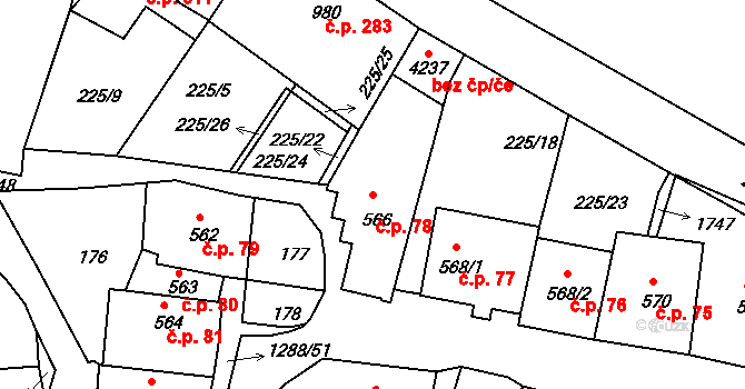 Plešivec 78, Český Krumlov na parcele st. 566 v KÚ Český Krumlov, Katastrální mapa