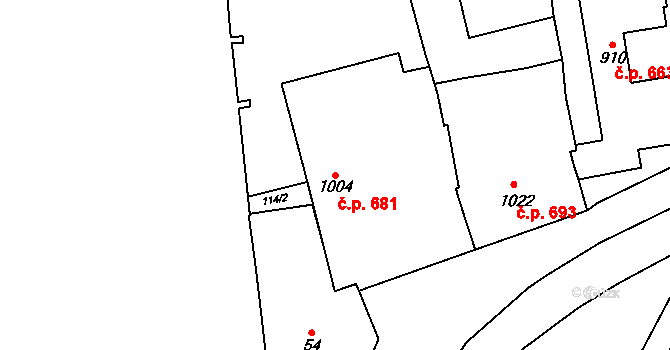 Lysice 681 na parcele st. 1004 v KÚ Lysice, Katastrální mapa