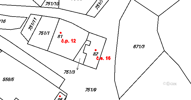Hudeč 16, Podmoklany na parcele st. 82 v KÚ Hudeč, Katastrální mapa