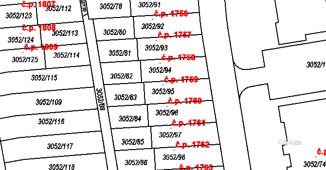 Bystřice nad Pernštejnem 1759 na parcele st. 3052/95 v KÚ Bystřice nad Pernštejnem, Katastrální mapa