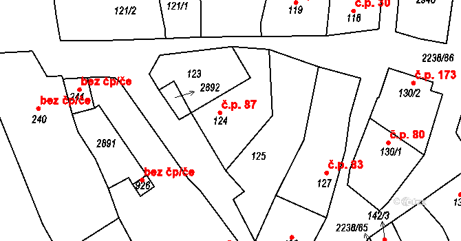 Vrbice 87 na parcele st. 124 v KÚ Vrbice u Velkých Pavlovic, Katastrální mapa