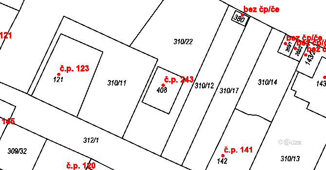Střelná 243, Košťany na parcele st. 408 v KÚ Střelná, Katastrální mapa