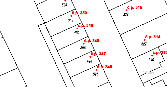 Únanov 348 na parcele st. 396 v KÚ Únanov, Katastrální mapa