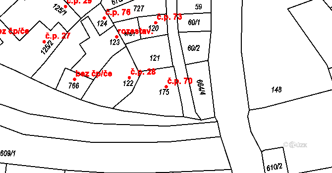 Lobodice 70 na parcele st. 175 v KÚ Lobodice, Katastrální mapa