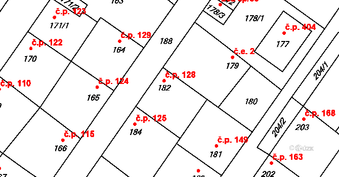 Kačice 128 na parcele st. 182 v KÚ Kačice, Katastrální mapa