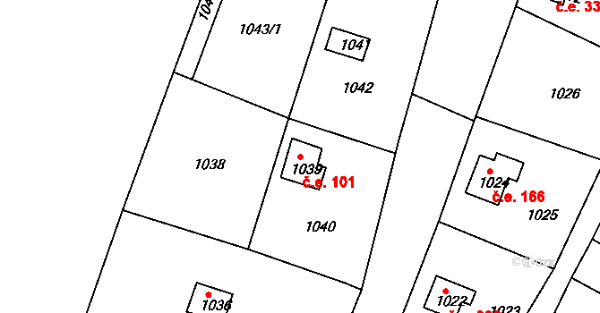 Veverská Bítýška 101 na parcele st. 1039 v KÚ Veverská Bítýška, Katastrální mapa