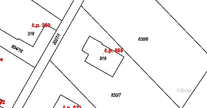 Ropice 555 na parcele st. 919 v KÚ Ropice, Katastrální mapa
