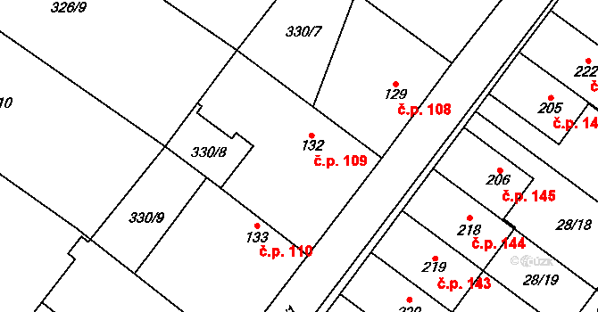 Střelice 109, Uničov na parcele st. 132 v KÚ Střelice u Litovle, Katastrální mapa