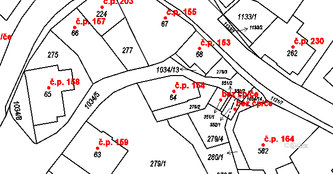 Pecka 154 na parcele st. 64 v KÚ Pecka, Katastrální mapa