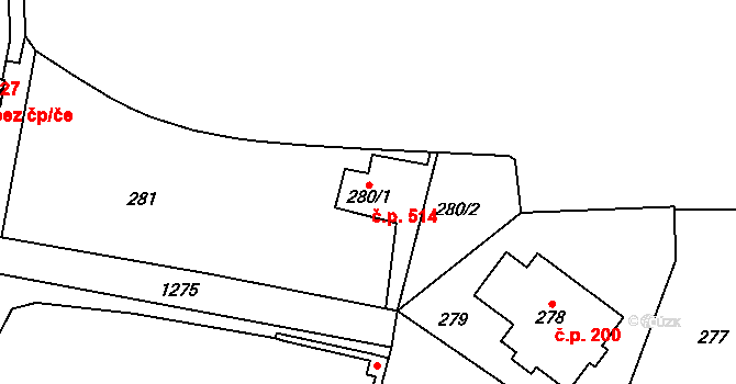 Nebušice 514, Praha na parcele st. 280/1 v KÚ Nebušice, Katastrální mapa