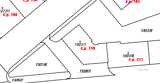 Vršovice 119, Praha na parcele st. 1301/1 v KÚ Vršovice, Katastrální mapa