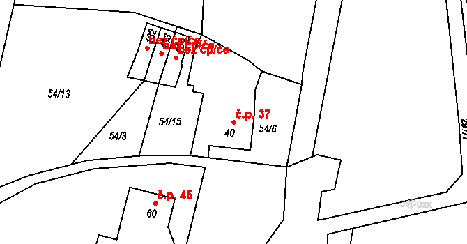 Mutěnice 37 na parcele st. 40 v KÚ Mutěnice u Strakonic, Katastrální mapa