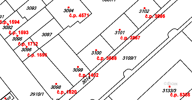Chomutov 3888 na parcele st. 3100 v KÚ Chomutov I, Katastrální mapa