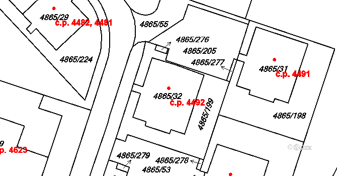 Chomutov 4492 na parcele st. 4865/32 v KÚ Chomutov I, Katastrální mapa