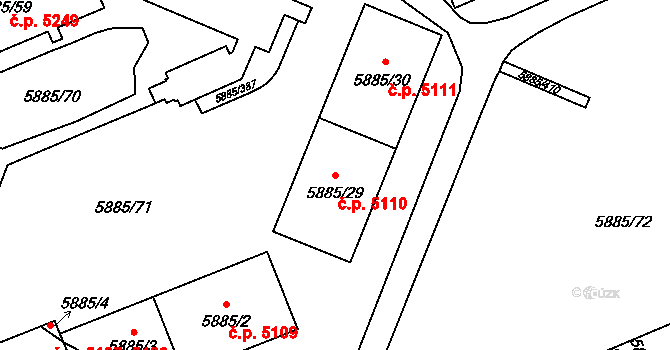 Chomutov 5110 na parcele st. 5885/29 v KÚ Chomutov I, Katastrální mapa
