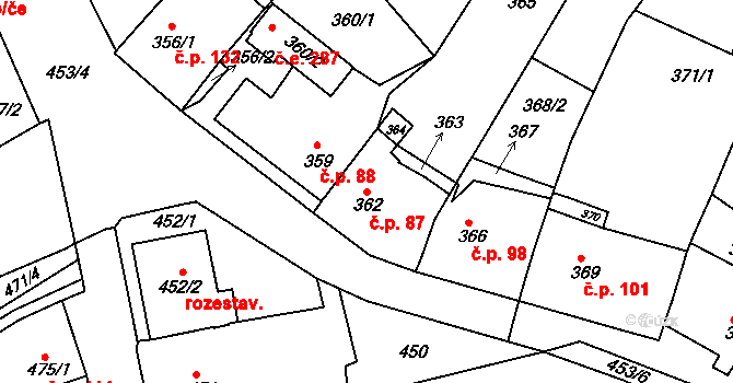 Mokrá 87, Mokrá-Horákov na parcele st. 362 v KÚ Mokrá u Brna, Katastrální mapa