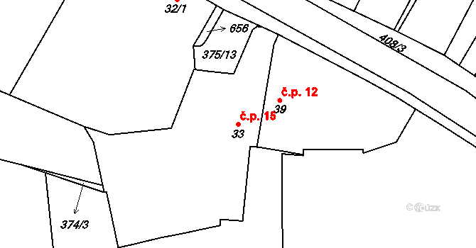 Polní Chrčice 15 na parcele st. 33 v KÚ Polní Chrčice, Katastrální mapa