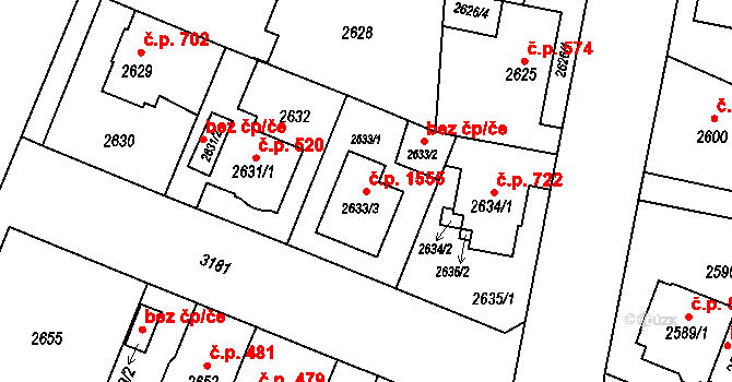 Bolevec 1555, Plzeň na parcele st. 2633/3 v KÚ Bolevec, Katastrální mapa