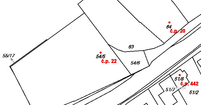 Slavonín 22, Olomouc na parcele st. 54/5 v KÚ Slavonín, Katastrální mapa