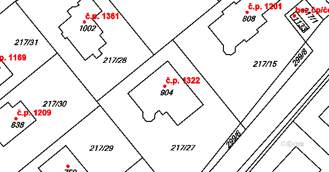 Rudná 1322 na parcele st. 904 v KÚ Hořelice, Katastrální mapa