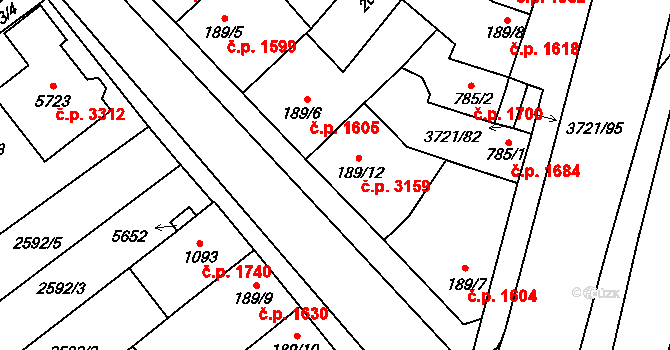 Břeclav 3159 na parcele st. 189/12 v KÚ Břeclav, Katastrální mapa