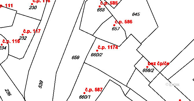 Jemnice 1174 na parcele st. 660/2 v KÚ Jemnice, Katastrální mapa
