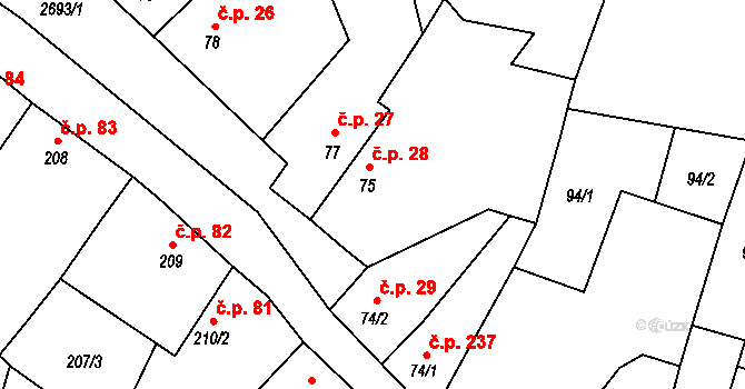 Hoštka 28 na parcele st. 75/1 v KÚ Hoštka, Katastrální mapa