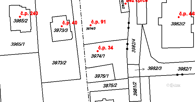 Pustkovec 34, Ostrava na parcele st. 3974/1 v KÚ Pustkovec, Katastrální mapa