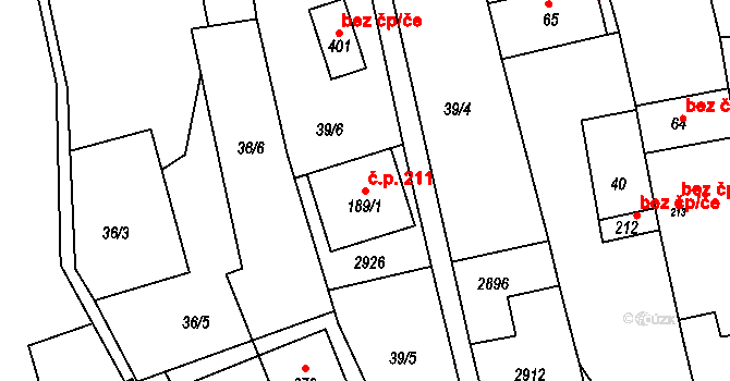 Sehradice 211 na parcele st. 189/1 v KÚ Sehradice, Katastrální mapa